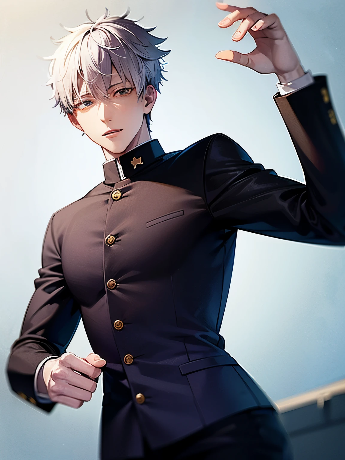 anime、Similar to Gojo Satoru from Jujutsu Kaisen、A cute, handsome college student with white hair and green eyes.