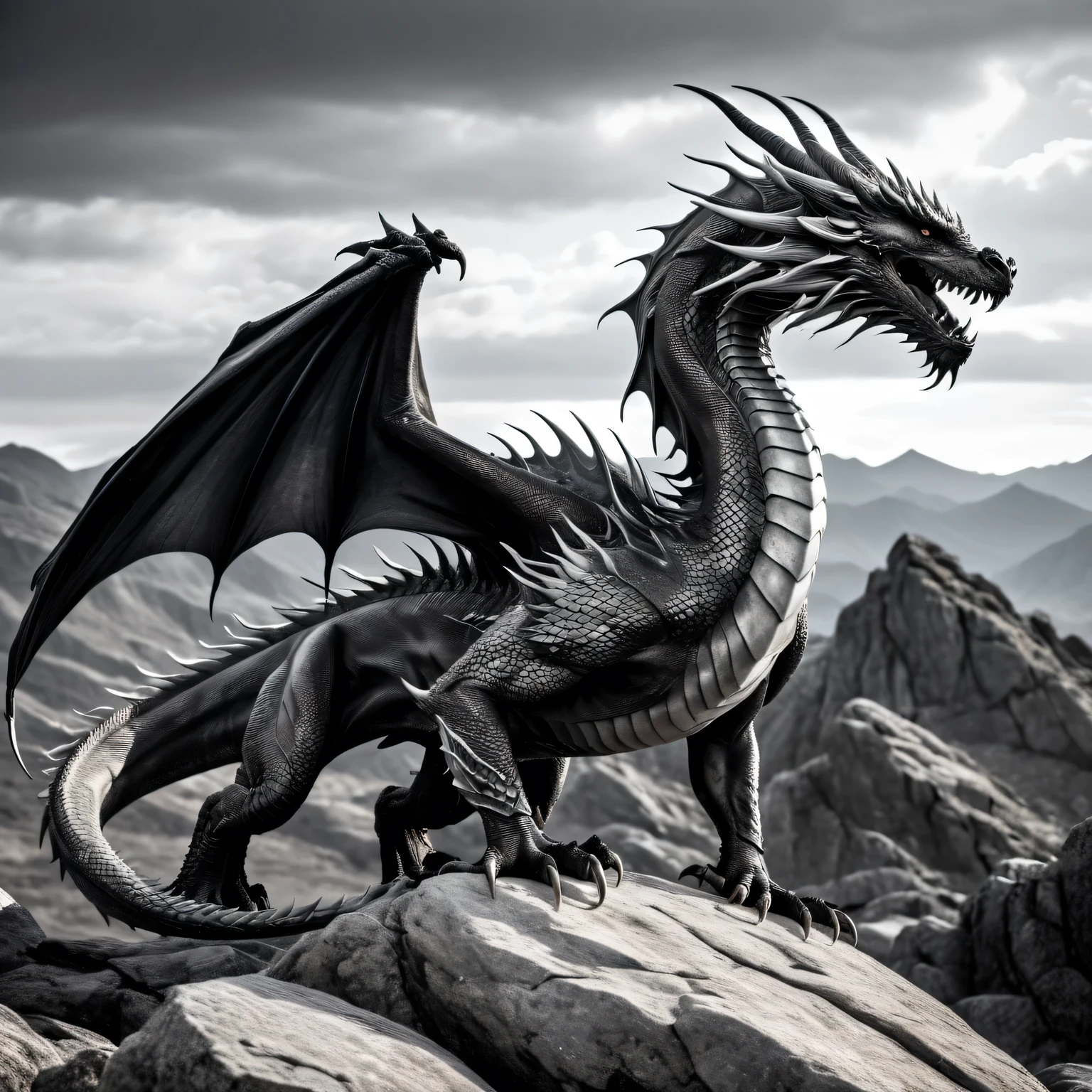 Realistic black and white photo, A large and powerful white dragon with ((extremely smooth and glossy skin)) it stands on a rocky plateau, ((smooth and elastic)) the texture of the dragon's skin is shown in detail, developed muscles, ((on the shoulders of the dragon)) is applied ((black tattoo of the eastern dragon)), ((tattoo is shown in detail)), high resolution, high definition, high detail, 32k, dragon tattoo, back tattoo