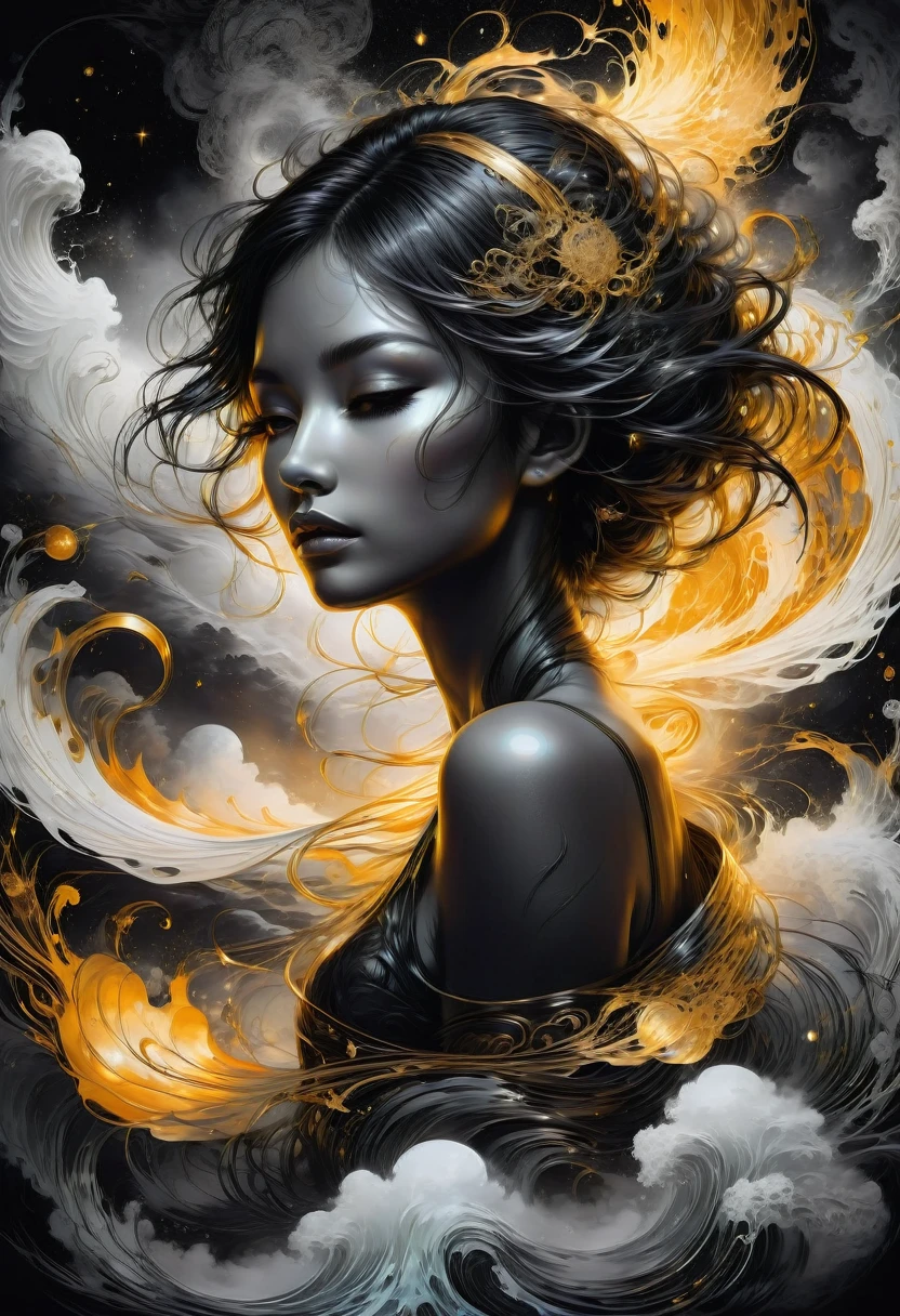 best quality, ultra-detailed, black and white, monochrome, contrasting shades, high contrast, grayscale, aesthetic, Yin yang made of glowing liquid wind, stormy clouds and golden strings, hyperdetailed hyperintricate, made of wind and golden Air by Anna Dittmann, in style by Dan Mumford, Cyril Rolando and M.W Kaluta, 8k resolution
