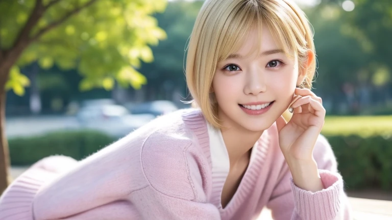 One woman、((Smile 1.6)) 、With Bangid Chest 1.6))、Looking at the camera(Tabletop:1.3), High resolution, Ultra-detailed, Highly detailed 8k wallpaper, Realistic, Photorealistic, RAW Photos, Beautifully detailed face, Pale skin, Detailed cloth texture, Detailed hair texture, Beautiful Face, Acura, Anatomically correct, Highly detailed face and skin texture, Natural neck length, (Fair skin:1.2), Blonde short cut、Japanese women, 22 years old、Detailed eyes、Cute realistic pictures((Smile 1.6⦆、The background is a blurred park、Knitwear in pastel colorr.々A pose、Various angles