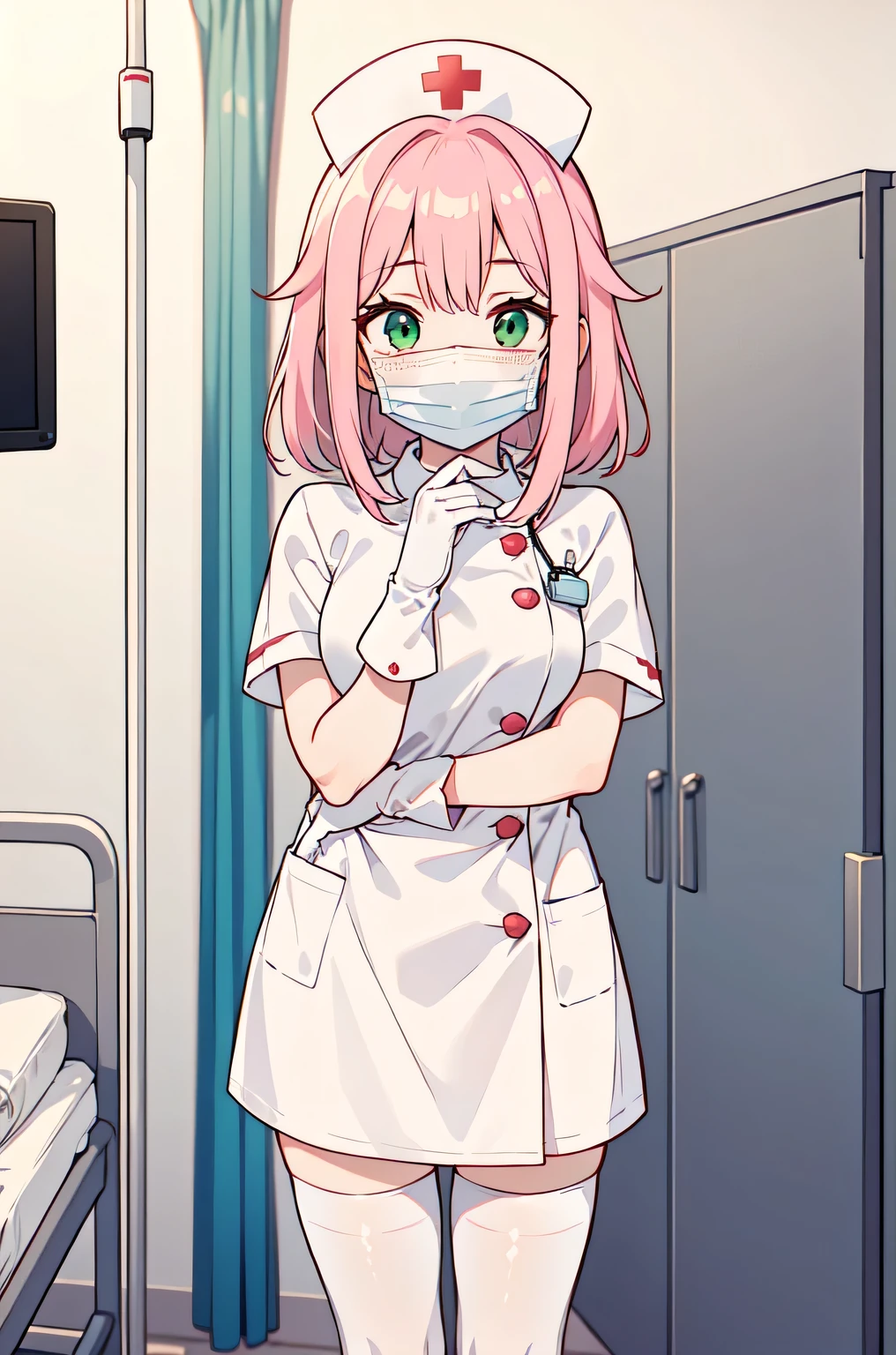 1girl, solo, nurse, white nurse cap, white nurse uniform, ((white legwear, zettai ryouiki)), white gloves, pink hair, green eyes, drooping eyes, ((white surgical mask, covered nose)), standing, ((hospital room)), sharp outline, short sleeves, best quality, masterpiece