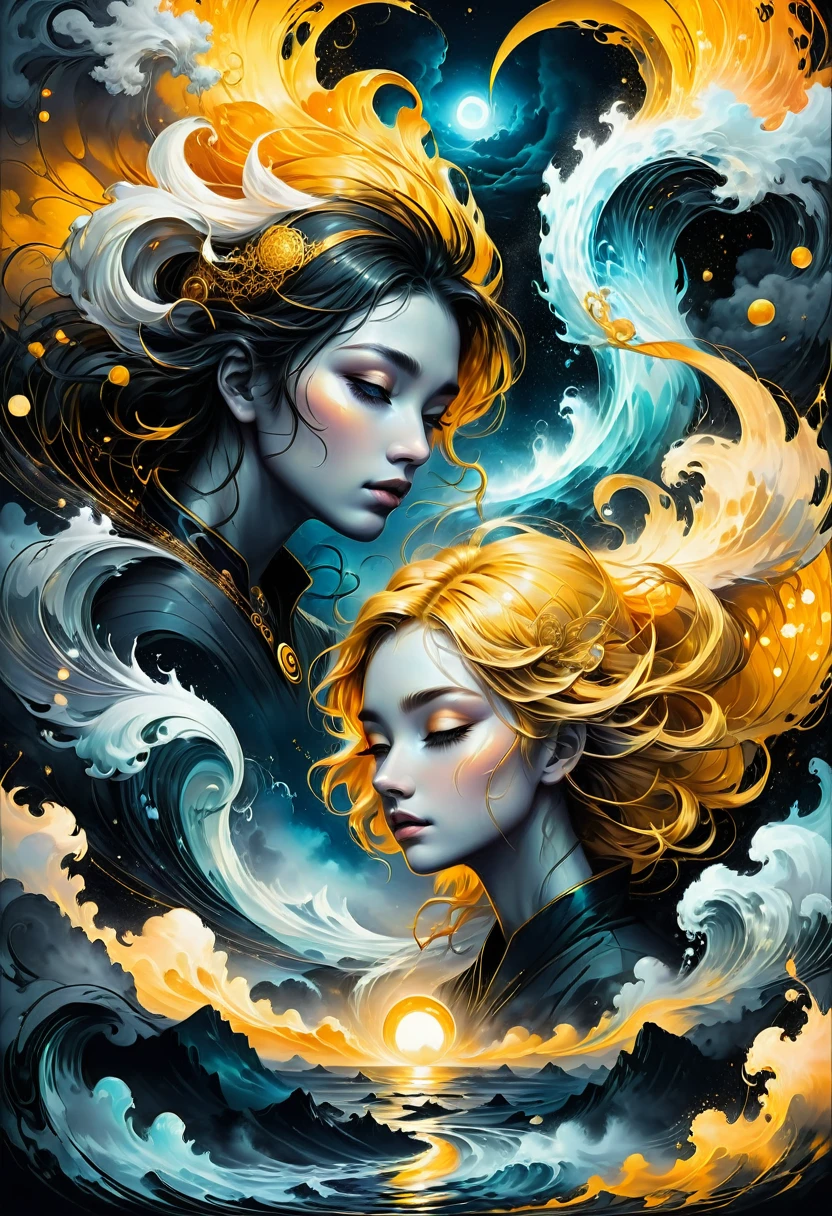 best quality, ultra-detailed, black and white, monochrome, contrasting shades, high contrast, grayscale, aesthetic, Yin yang made of glowing liquid wind, stormy clouds and golden strings, hyperdetailed hyperintricate, made of wind and golden Air by Anna Dittmann, in style by Dan Mumford, Cyril Rolando and M.W Kaluta, 8k resolution