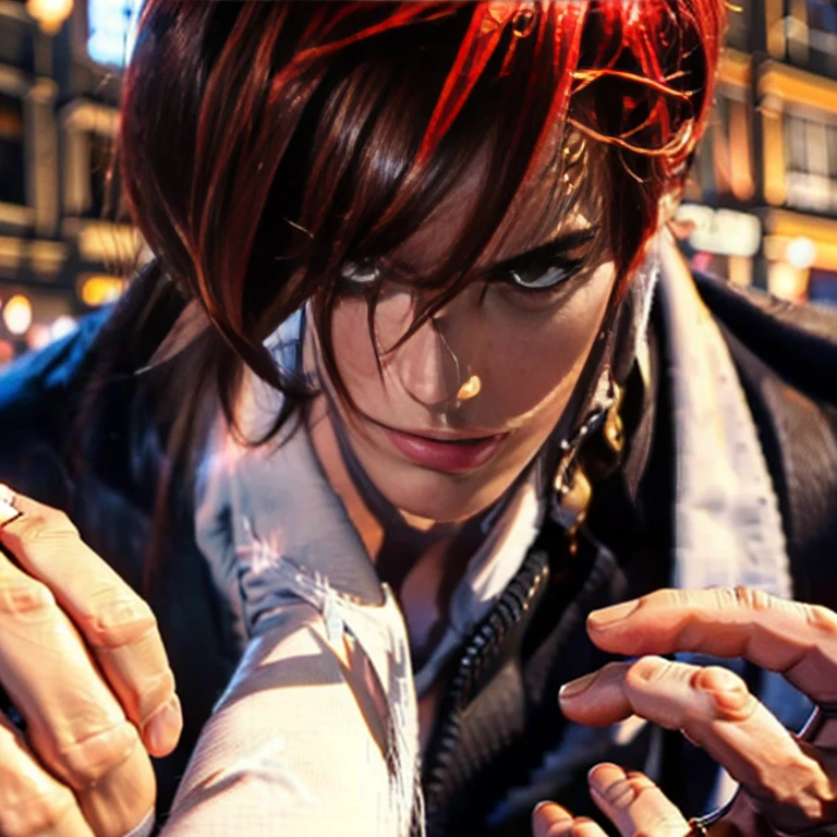 One hand is held like a cat、(Perfect details,masterpiece, Good details),(良い照明 Perfect details, Perfect eye details, Perfect anatomy details,(Iori Yagami, King of Fighters,), Iori Yagami, KOF,(original design：Yagami-an,),A perfect move with no mistakes, エラーのないPerfect details, Excellent anatomical details, Redhead,Sharp Eye