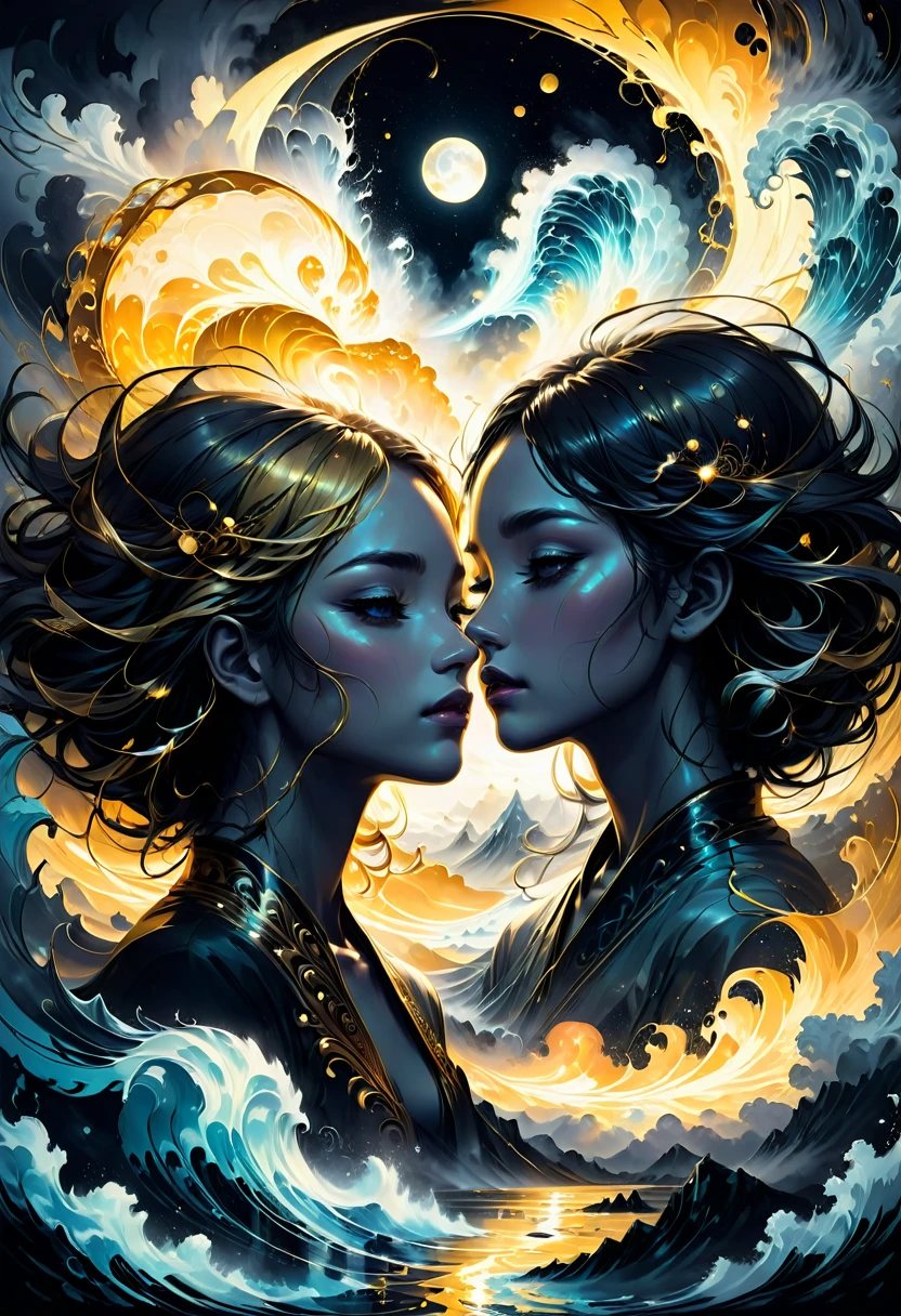 best quality, ultra-detailed, black and white, monochrome, contrasting shades, high contrast, grayscale, aesthetic, Yin yang made of glowing liquid wind, stormy clouds and golden strings, hyperdetailed hyperintricate, made of wind and golden Air by Anna Dittmann, in style by Dan Mumford, Cyril Rolando and M.W Kaluta, 8k resolution