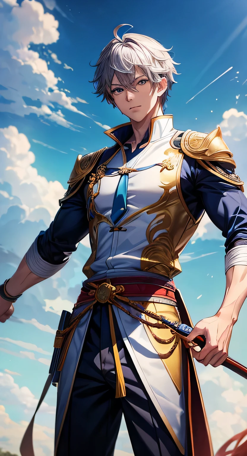 a boy, ancient chinese costume, full body, sunlight, clear face, clean white background, muscle body, masterpiece, super detail, epic composition, ultra hd, high quality, extremely detailed, official art, uniform 8k wallpaper, super detail, 32k, anime character with a gun and a blue tie posing for a picture, tall anime guy with blue eyes, handsome anime pose, male anime character, anime handsome man, young anime man, smooth anime cg art, ryuta ueda artwork, makoto shinka, anime boy, highly detailed exquisite fanart, detailed anime character art, best anime 4k konachan wallpaper, grey hair with bangs, blue sky background