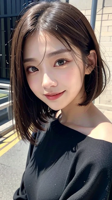 (((Close-up of face)))、(((Absolutely shoulder-length brown straight short bob)))、(((She is posing like a hair salon model, with a black wall indoors as the background.)))、(((Casual black winter long sleeves with shoulders covered)))、(Natural laughter:1.5)、Half Japanese, half Korean、18 year old girl、Standing Alone、Looking forward、Light eye makeup、Brown Hair Color、Flat and 、Hair blowing in the wind、Actress Quality、Glossy, ultra-realistic face、Smiling face、Watery eyes、Gazing Up、Subtle lighting effects、 Ultra-Realistic Capture、Very detailed、High resolution 16K close up of human skin。Skin texture must be natural、The details must be such that pores can be clearly seen、The skin is healthy、Uniform tone、Use natural light and colors、A worn-out, high-quality photo taken by a model agency&#39;s in-house photographer.、smile、(((SIGMA 300 mm F/1.4,1/1000 sec shutter,ISO 400)))
