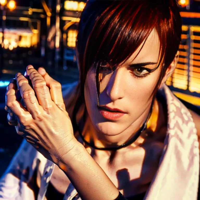 One hand is held like a cat、(Perfect details,masterpiece, Good details),(良い照明 Perfect details, Perfect eye details, Perfect anatomy details,(Iori Yagami, King of Fighters,), Iori Yagami, KOF,(original design:Yagami-an,),A perfect move with no mistakes, エラーのないPerfect details, Excellent anatomical details, Redhead,Sharp Eye