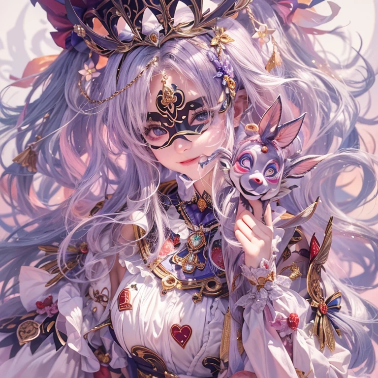 Hiding in the castle、Hair flow、 ((highest quality、masterpiece、8k、Best image quality、Ultra-high resolution、Award-winning works)、(Accurate anatomy:1.1)、(Look at me and smile:1.1)、Shining fair skin with Ultra-high resolution、The most detailed face、Ultra-high resolution detailed face、Ultra-high resolutionの髪の毛、(Ultra-high resolutionの煌めく瞳:1.1)、Beautiful face drawn in every detail、(Blurred Background:1.1)、Cheerful clown costume, Chest to chest, tattoo,、Subtle clown makeup around the eyes、Holding a masquerade mask