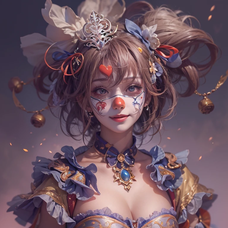 Hiding in the castle、Hair flow、 ((highest quality、masterpiece、8k、Best image quality、Ultra-high resolution、Award-winning works)、(Accurate anatomy:1.1)、(Look at me and smile:1.1)、Shining fair skin with Ultra-high resolution、The most detailed face、Ultra-high resolution detailed face、Ultra-high resolutionの髪の毛、(Ultra-high resolutionの煌めく瞳:1.1)、Beautiful face drawn in every detail、(Blurred Background:1.1)、Cheerful clown costume, Chest to chest, tattoo,、Subtle clown makeup around the eyes、Holding a masquerade mask