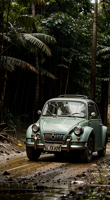 Isetta1024, cinematic photo a monstertruck bubble car, text ''CIVITAI'', jungle, mud, . 35mm photograph, film, bokeh, professional, 4k, highly detailed