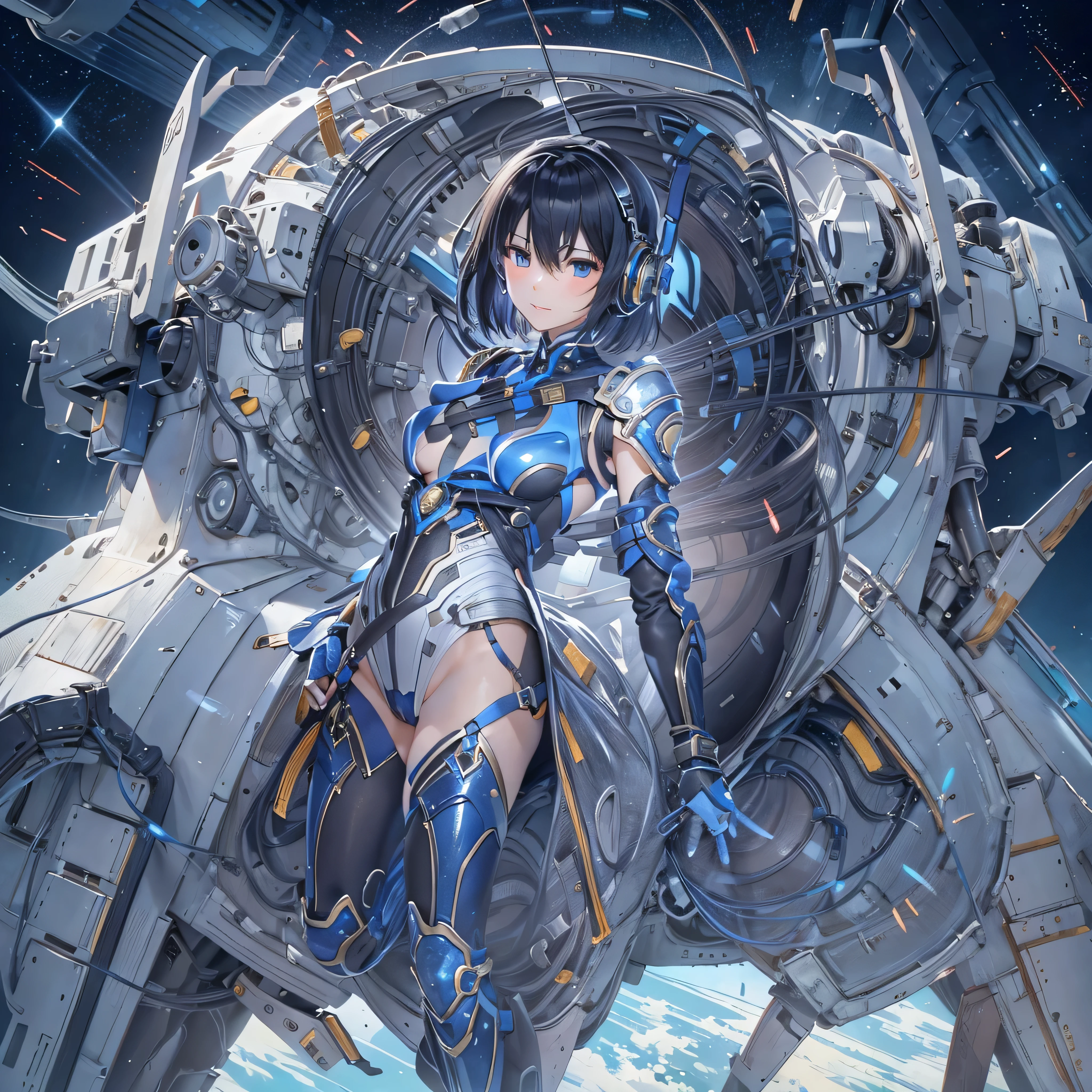 (masterpiece、highest quality、Highest Resolution、Clear_image、Detailed details、Angle from above): (Whole body、One 20 year old girl、Japanese Faces、Small Face、Slender、Navy blue super short bob cut hair、(Hidden small breasts:1.3)、Sparkling blue eyes、Shiny pilot suit in blue and black colors、Chest protection armor、Tight fitting clothes、Clothing that covers the whole body、Glamorous clothes、Tight Fit Pants、Hide your skin、Very delicate and beautiful、Detailed Skin、hide thighs、Hide your ass、Cute、A gentle smile、Soft expression、heroine、headset、Knee-high boots、Elbow-length gloves、Eye Level Shot、Face directly、Woman on a spaceship)