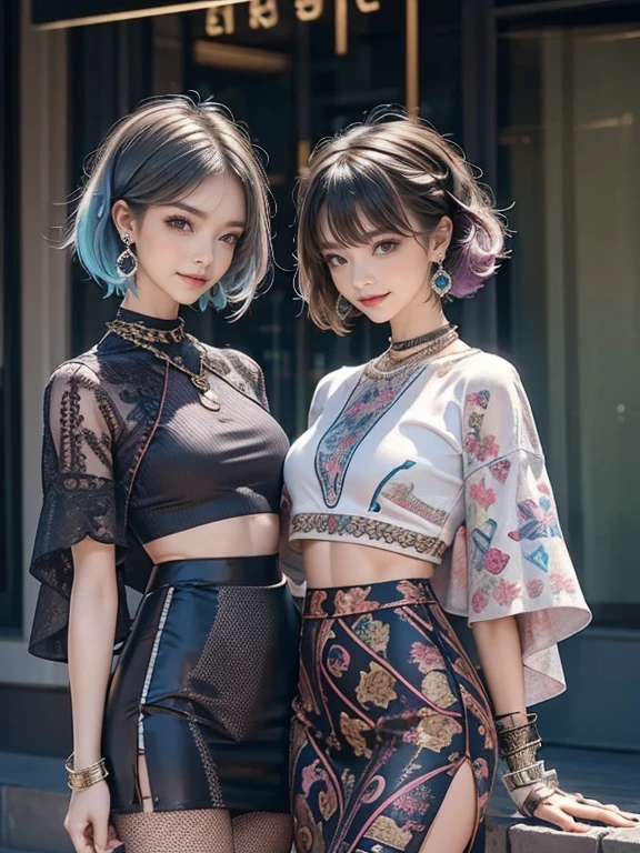 highest quality, Very detailed, masterpiece, Two women posing,(((Perfect female body))),Very beautiful face, Very beautiful body,Gentle expression, Very beautiful eyes,(Perfect Makeup:1.1),Fashion Model,Mr.々Colorful pop punk fashion,Short Bob Cut,Shaggy Hair,pink and blue hair:1.3, very thin body,Smart Abs,((Monogram pattern:1.3)),Various gradations,Fishnet tightsブラウス,Long pencil skirt,LED Light,Two-tone high top boots,A kind smile,Full body portrait,(Cyber City:1.3), (Shiny skin),(Earrings),Elegant scarves,See-through long shawl,Liquid Metal,Fishnet tights,