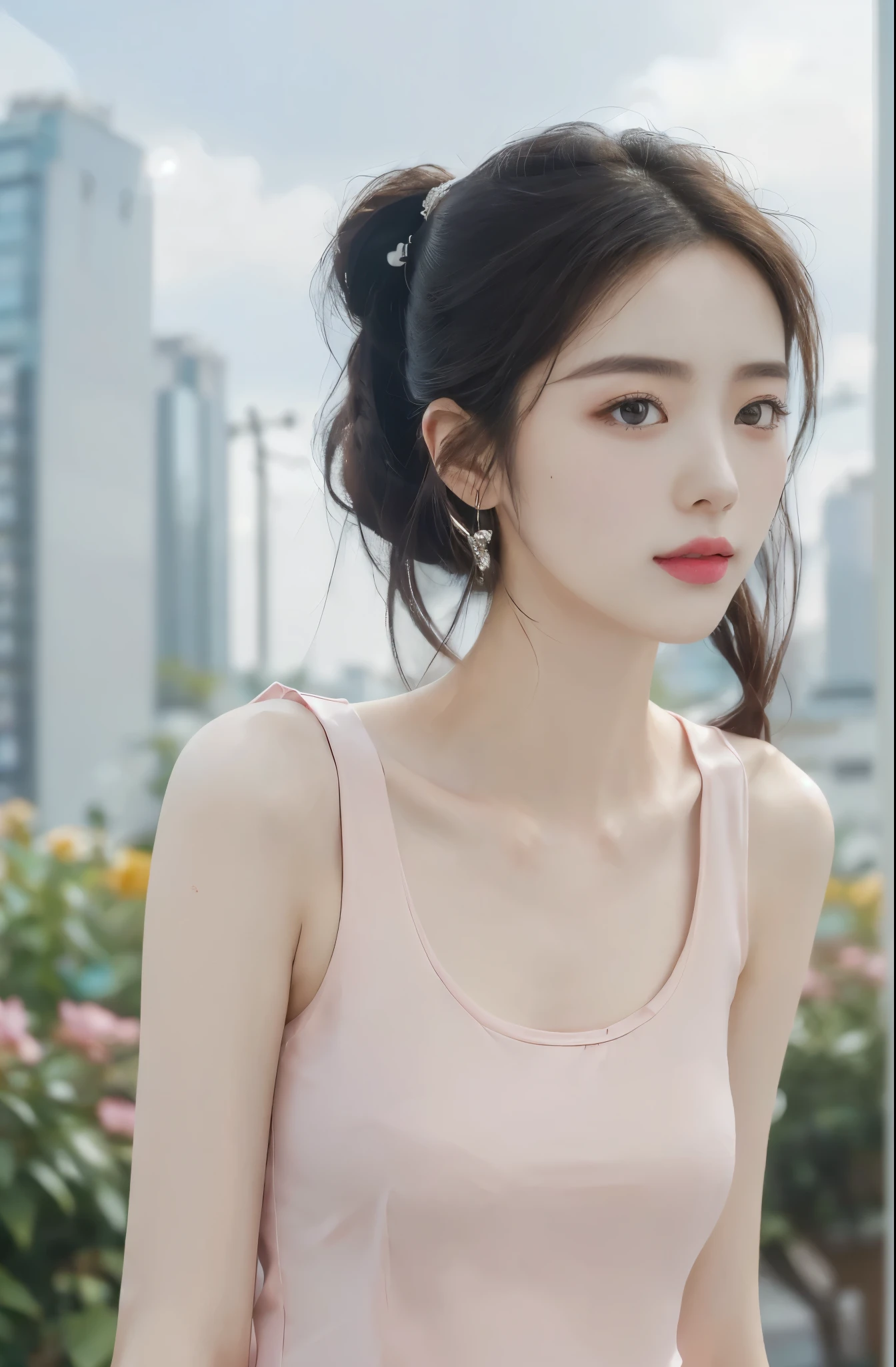 arafed image of a woman in a pink top and a cityscape, photo of slim girl model, photo of slim girl, gorgeous young korean woman, beautiful young korean woman, dilraba dilmurat, pale milky white porcelain skin, beautiful south korean woman, gorgeous chinese model, flat chested, 2 4  old female model, soft portrait shot 8 k