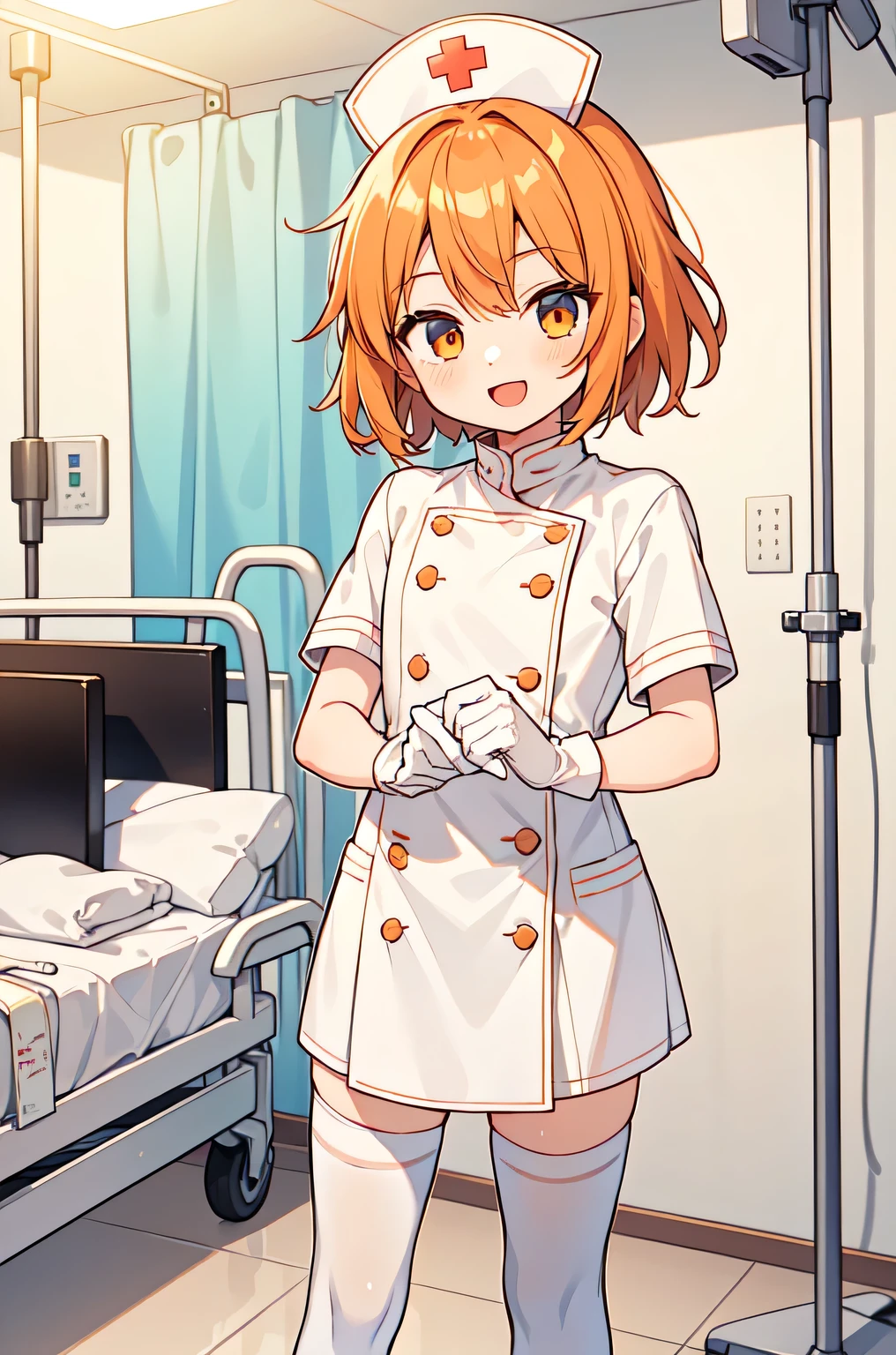 1boy, solo, male focus, nurse, white nurse cap, white nurse uniform, ((white legwear, zettai ryouiki)), white gloves, short hair, orange hair, smile, open mouth, standing, ((hospital room)), sharp outline, short sleeves, shota, , best quality, masterpiece