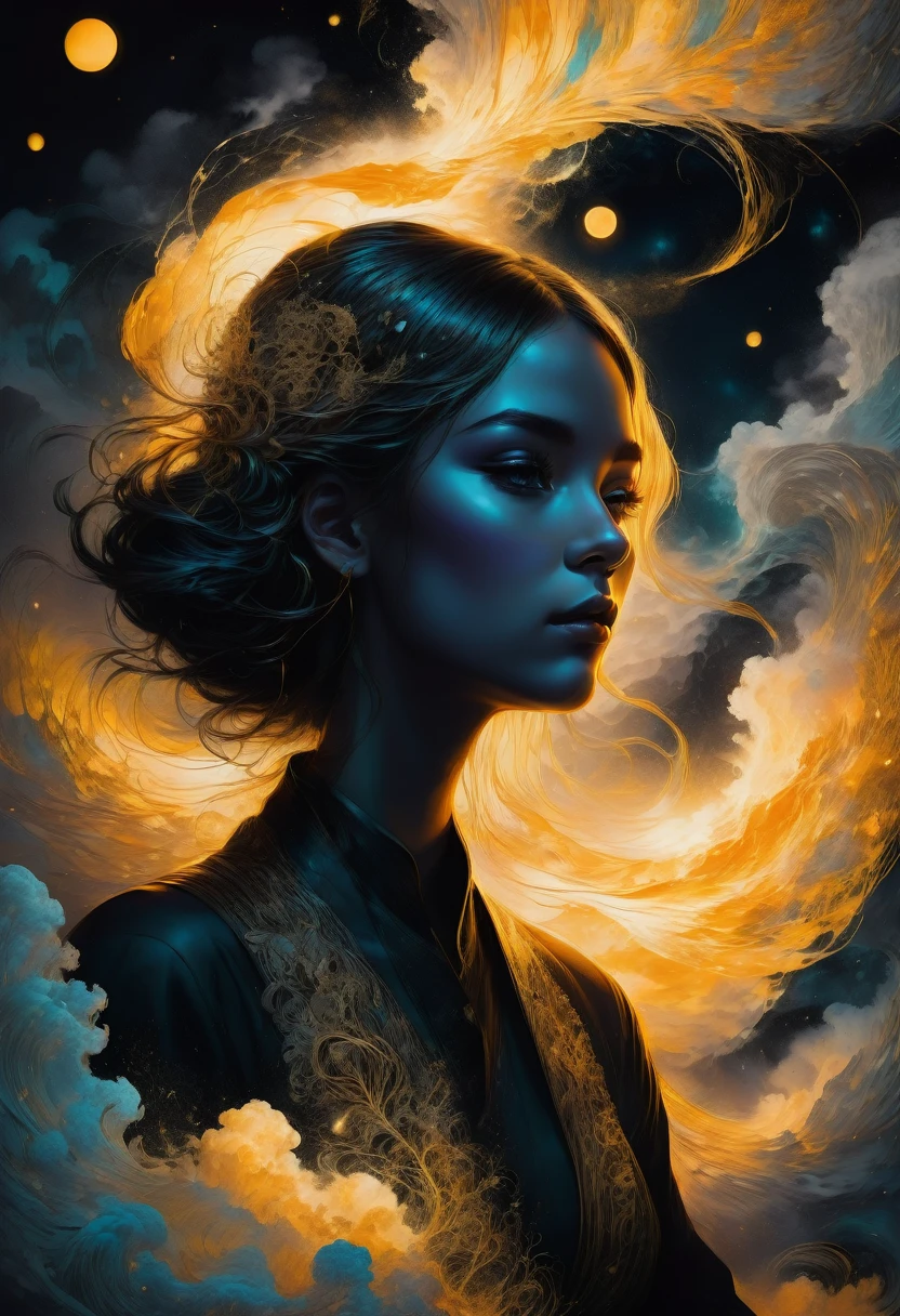 best quality, ultra-detailed, black and white, monochrome, contrasting shades, high contrast, grayscale, aesthetic, Yin yang made of glowing liquid wind, stormy clouds and golden strings, hyperdetailed hyperintricate, made of wind and golden Air by Anna Dittmann, in style by Dan Mumford, Cyril Rolando and M.W Kaluta, 8k resolution