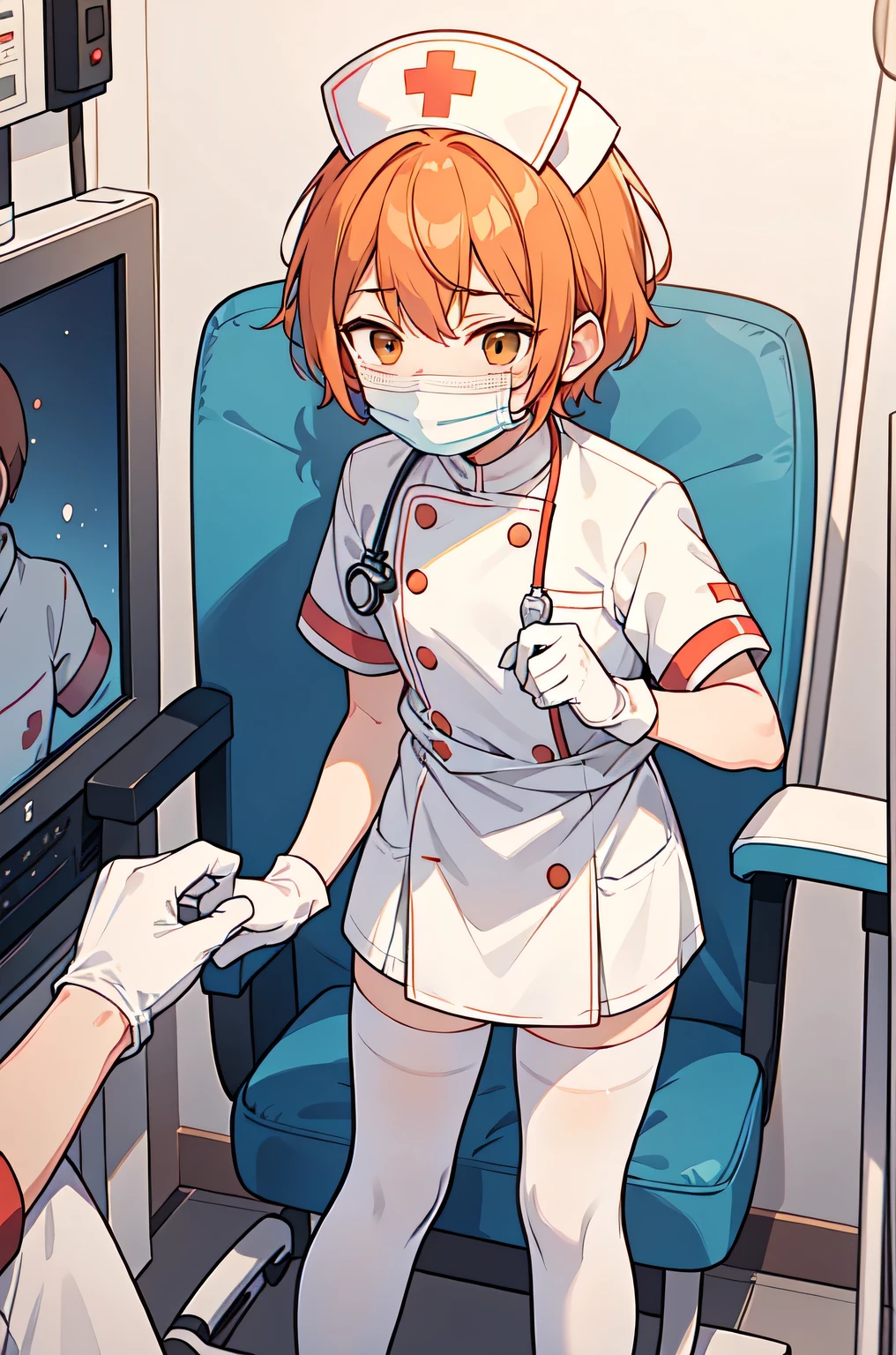 1boy, solo, male focus, nurse, white nurse cap, white nurse uniform, ((white legwear, zettai ryouiki)), white gloves, short hair, orange hair, ((white surgical mask, covered nose)), standing, ((hospital room)), sharp outline, short sleeves, shota, 12 years old, best quality, masterpiece