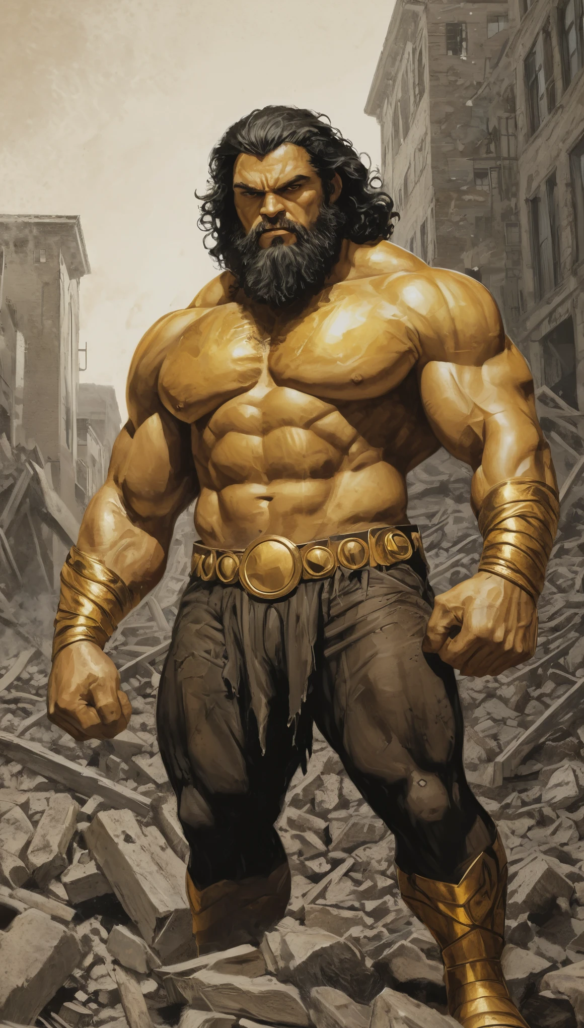 An illustrated movie poster, hand-drawn, full color, a golden-skinned giant man, wearing torn trousers, shiny gold skin, massive behemoth physique, golden-brown eyes, wide bulbous nose, black hair, curly hair, dark beard, thick bushy eyebrows, extremely hairy chest, stomach, and arms, lots of body hair, posing amongst rubble, hard shadows, graphite shading, stencil markings, airbrushed acrylic paint, masterpiece, in the style of Marvel Comics