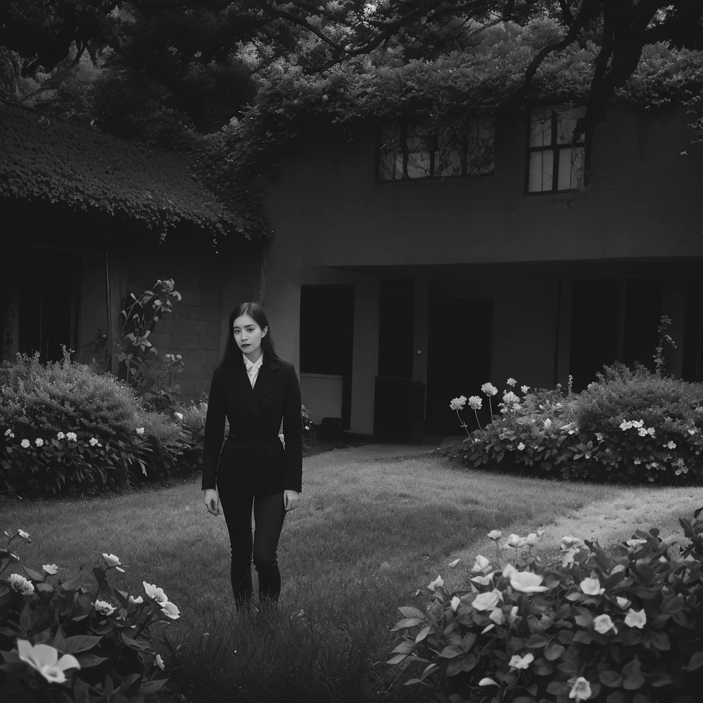 a girl in a black and white garden, pencil sketch, intricate details, high contrast, moody atmosphere, soft shadows, fine lines, textured surfaces, delicate flowers, vintage aesthetic, monochrome tones, classic film noir style, striking composition, dramatic lighting, cinematic mood, timeless elegance, black and white photography