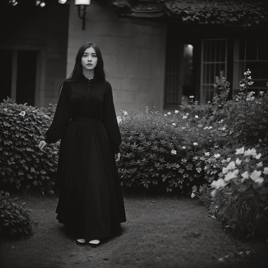 a girl in a black and white garden, pencil sketch, intricate details, high contrast, moody atmosphere, soft shadows, fine lines, textured surfaces, delicate flowers, vintage aesthetic, monochrome tones, classic film noir style, striking composition, dramatic lighting, cinematic mood, timeless elegance, black and white photography