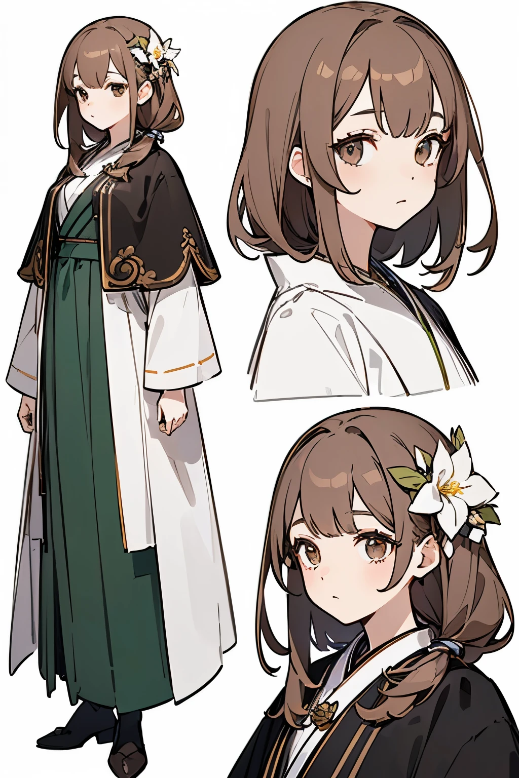 Reference Sheet, Matching outfits, ((最high quality)), ((masterpiece)), (Character Full Body), (((最high quality, high quality))), ((((超High resolution, High resolution))), (Concept Art), 1 girl, Standing up, Distinct facial features,Simple line design,Transparent Background,(masterpiece,Top Quality,最high quality, Distinct facial features,beautiful目,beautiful顔), beautiful, (((Simple and detailed))) (((White Background))) Six and a half whole bodies, ((No light))), Random hairstyle, Brown Hair Color, Random eye color, flower, Wizard,