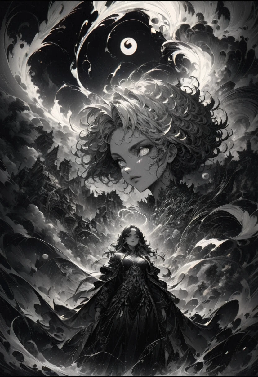best quality, ultra-detailed, black and white, monochrome, contrasting shades, high contrast, grayscale, aesthetic, Yin yang made of glowing liquid wind, stormy clouds and golden strings, hyperdetailed hyperintricate, made of wind and golden Air by Anna Dittmann, in style by Dan Mumford, Cyril Rolando and M.W Kaluta, 8k resolution