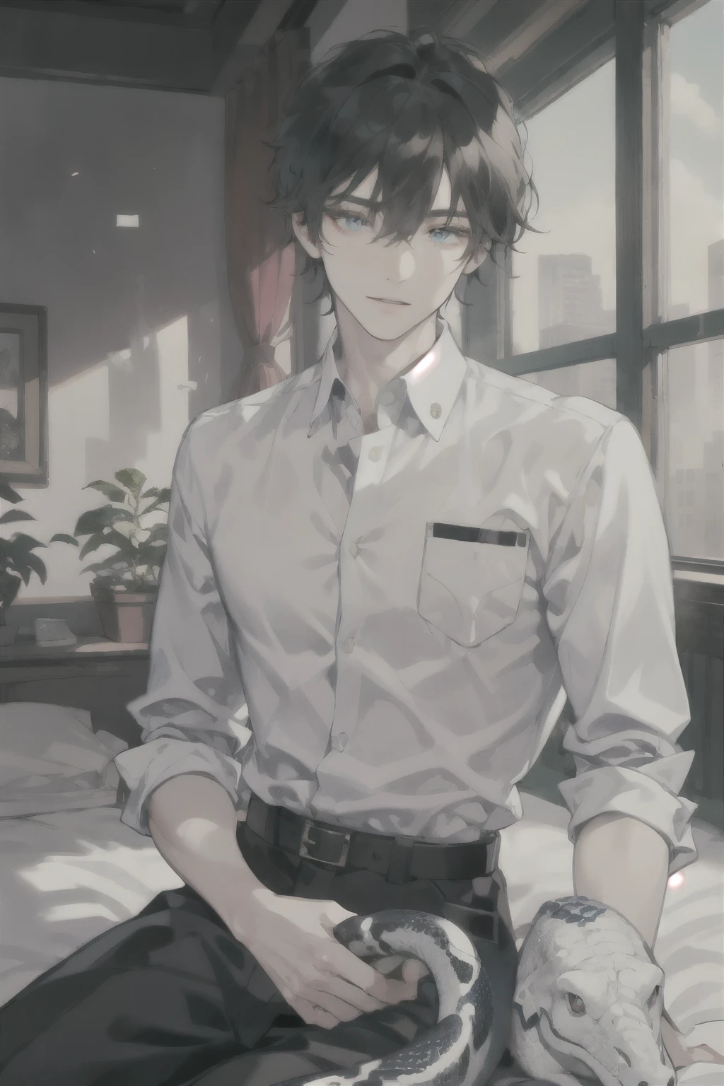 masterpiece, best quality, ultra detailed, (solo man), (male focus), ((Oblong face)), ((Square jawline)), black hair, ((hairs between eyes)), ((shoulder length)), ((narrow blue eye)), fair skin, skinny body, beauty mark, {uniform, outfit, clothes}, dress shirt, (Giving an insincere smile:0.7), (Enjoying interaction with a big albino snake), sitting on bed, Fastening a seatbelt
