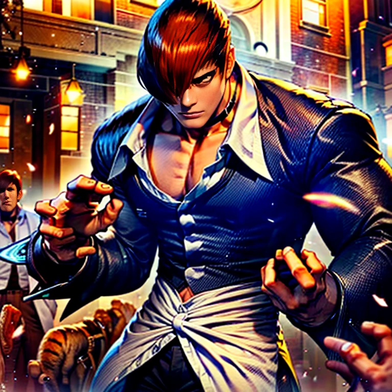 One hand is held like a cat、(Perfect details,masterpiece, Good details),(良い照明 Perfect details, Perfect eye details, Perfect anatomy details,(Iori Yagami, King of Fighters,), Iori Yagami, KOF,(original design：Yagami-an,),A perfect move with no mistakes, エラーのないPerfect details, Excellent anatomical details, Redhead,Sharp Eye