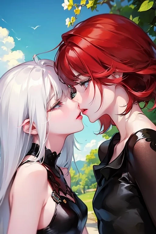 2girls，Girl1：a red hair and short hair,girl 2：white hair and long hair,Kiss