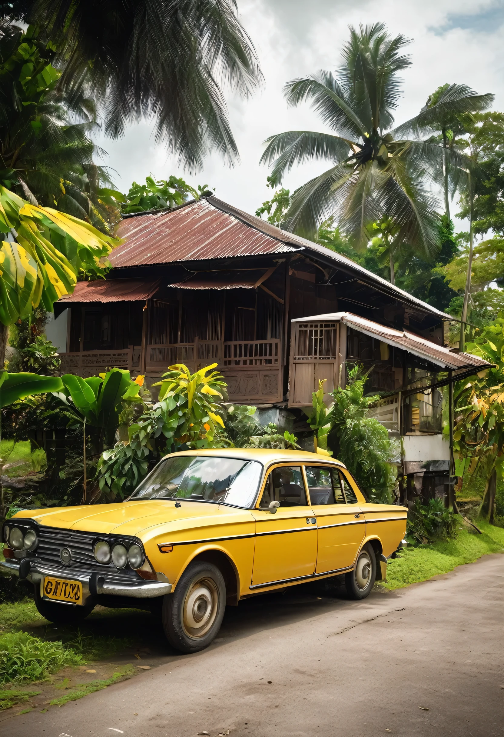 documentary photography of a beauty traditional malay wooden house surrounded by a spacious yard, rusty rooftop, varnished wooden plank, a coconut tree, a banana tree, power pole, pathway/road with white hibiscus flowers a long the path, a small ditch, a few bush, a yellow old model bicycle, a 60s car, nostalgia, dramatic ,memorable scene in view,