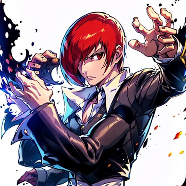 One hand is held like a cat、(Perfect details,masterpiece, Good details),(良い照明 Perfect details, Perfect eye details, Perfect anatomy details,(Iori Yagami, King of Fighters,), Iori Yagami, KOF,(original design：Yagami-an,),A perfect move with no mistakes, エラーのないPerfect details, Excellent anatomical details, Redhead,Sharp Eye