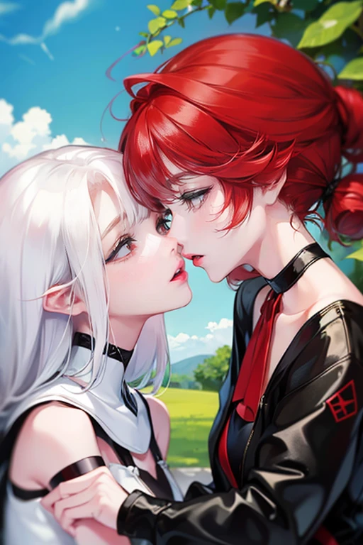 2girls,Girl1:a red hair and short hair,girl 2:white hair and long hair,Kiss