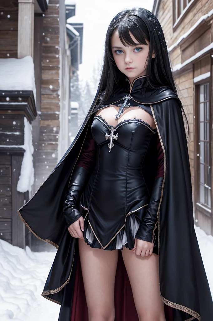TeEn girl, evil, teenager(1.3),, teen girl, vsmall breats, black hair and blue eyes, detailed face, angelical face,cleavage, small breasts, dress with cape, desing with christian cross ,background in snow in prussia