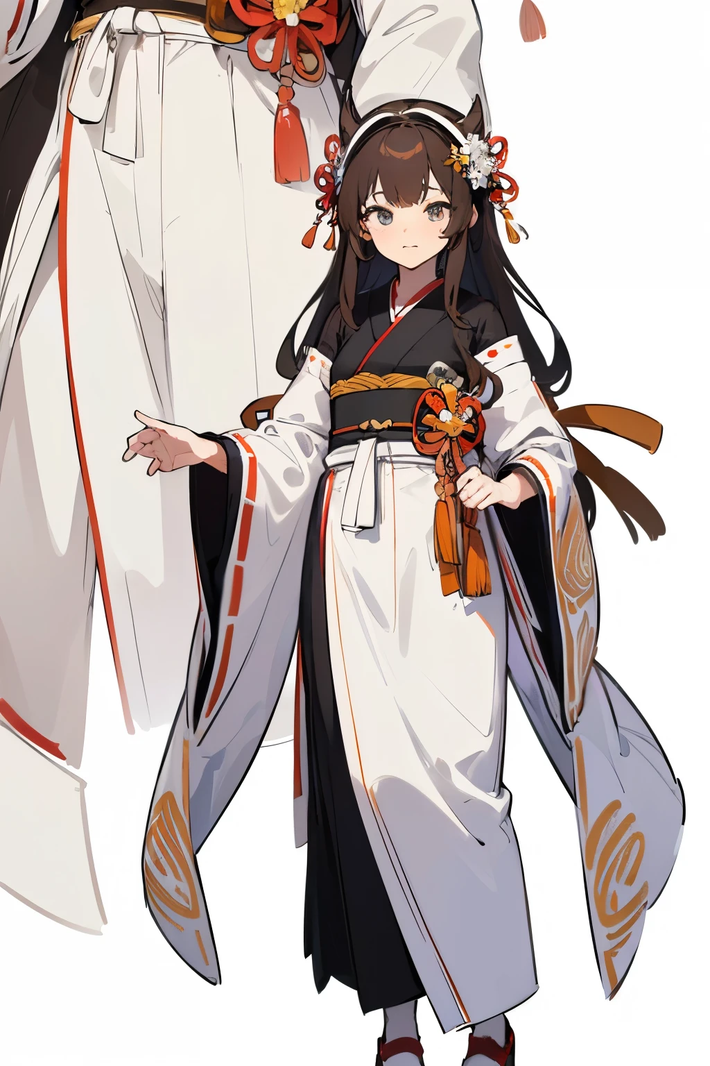 Reference Sheet, Matching outfits, ((最high quality)), ((masterpiece)), (Character Full Body), (((最high quality, high quality))), ((((超High resolution, High resolution))), (Concept Art), 1 girl, Standing up, Distinct facial features，Simple line design，Transparent Background，(masterpiece，Top Quality，最high quality, Distinct facial features，beautiful目，beautiful顔), beautiful, (((Simple and detailed))) (((White Background))) Six and a half whole bodies, ((No light))), Random hairstyle, Brown Hair Color, Random eye color, flower, Japanese Shrine Maiden,