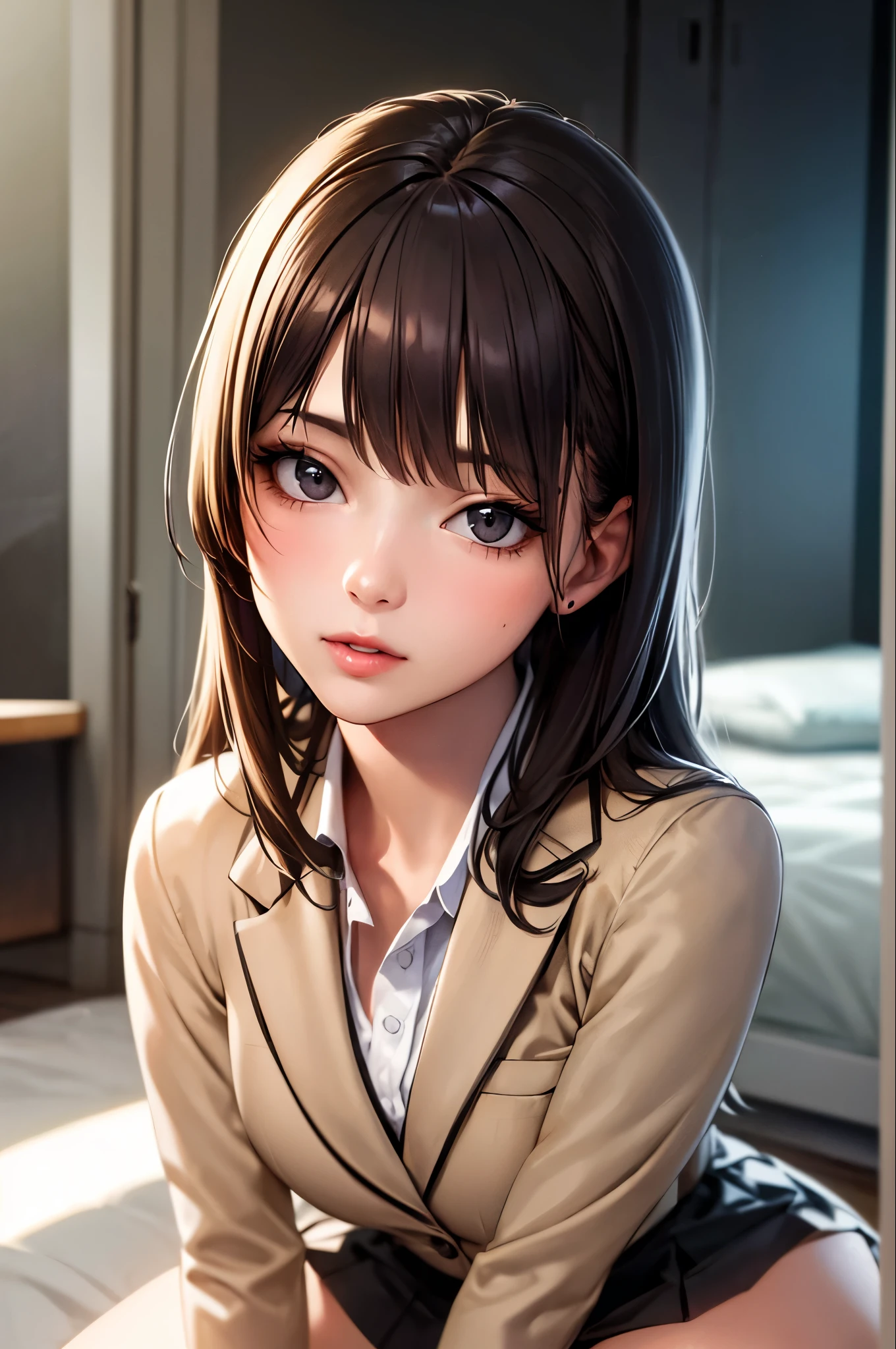 最high quality, masterpiece, 1 girl, Beautiful Face, (Photorealistic photography:1.3), Rim Light, (Skin with attention to detail:1.2), 8k UHD, Digital SLR, high quality, High resolution, 4K, 8k, Bokeh, Disorganized, The optimal ratio is four fingers to one thumb, (Genuine:1.3), Small face, pretty girl, Black Formal Blazer, Mid-breasted, Short skirt,office