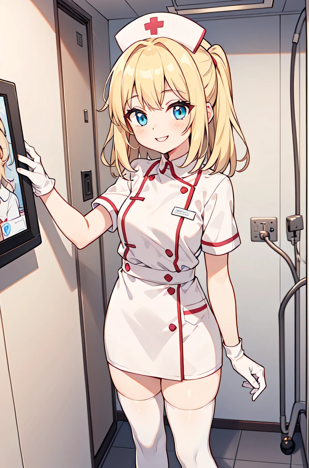 1woman, solo, nurse, white nurse cap, white nurse uniform, ((white legwear, zettai ryouiki)), white gloves, blonde hair, blue eyes, pink lips, smile, standing, ((hospital room)), sharp outline, short sleeves, mature female, 35 years old, best quality, masterpiece