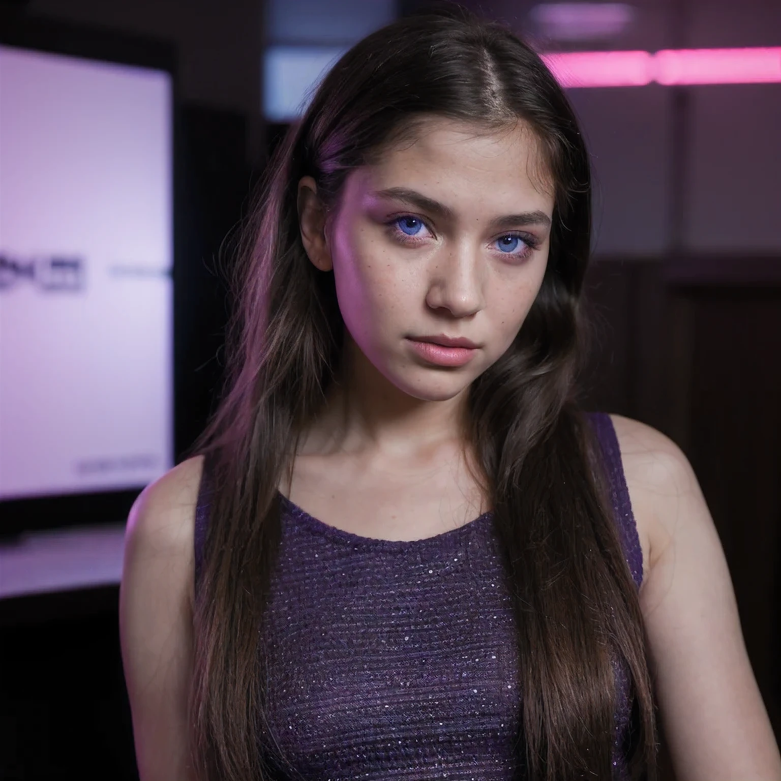 photo of a schoolgirl，8 years old, in Purple Pink, futuristic cotton and linen, (freckles:0.8) cute face, sci-fi, dystopian, detailed eyes, cobalt blue eyes（（Side view））Disco bar