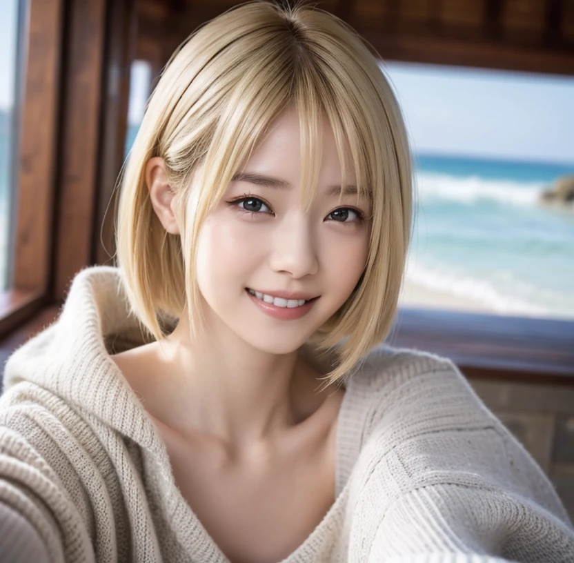 One woman、((Smile 1.6)) 、With Bangid Chest 1.6))、Looking at the camera(Tabletop:1.3), High resolution, Ultra-detailed, Highly detailed 8k wallpaper, Realistic, Photorealistic, RAW Photos, Beautifully detailed face, Pale skin, Detailed cloth texture, Detailed hair texture, Beautiful Face, Acura, Anatomically correct, Highly detailed face and skin texture, Natural neck length, (Fair skin:1.2), Blonde short cut、Japanese women, 22 years old、Detailed eyes、Cute realistic pictures((Smile 1.6⦆、The background is a blurred coast、Knitwear in pastel colors、Selfie
