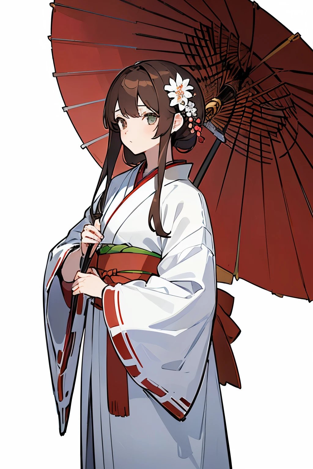 Reference Sheet, Matching outfits, ((最high quality)), ((masterpiece)), (Character Full Body), (((最high quality, high quality))), ((((超High resolution, High resolution))), (Concept Art), 1 girl, Standing up, Distinct facial features,Simple line design,Transparent Background,(masterpiece,Top Quality,最high quality, Distinct facial features,beautiful目,beautiful顔), beautiful, (((Simple and detailed))) (((White Background))) Six and a half whole bodies, ((No light))), Random hairstyle, Brown Hair Color, Random eye color, flower, Japanese Shrine Maiden,