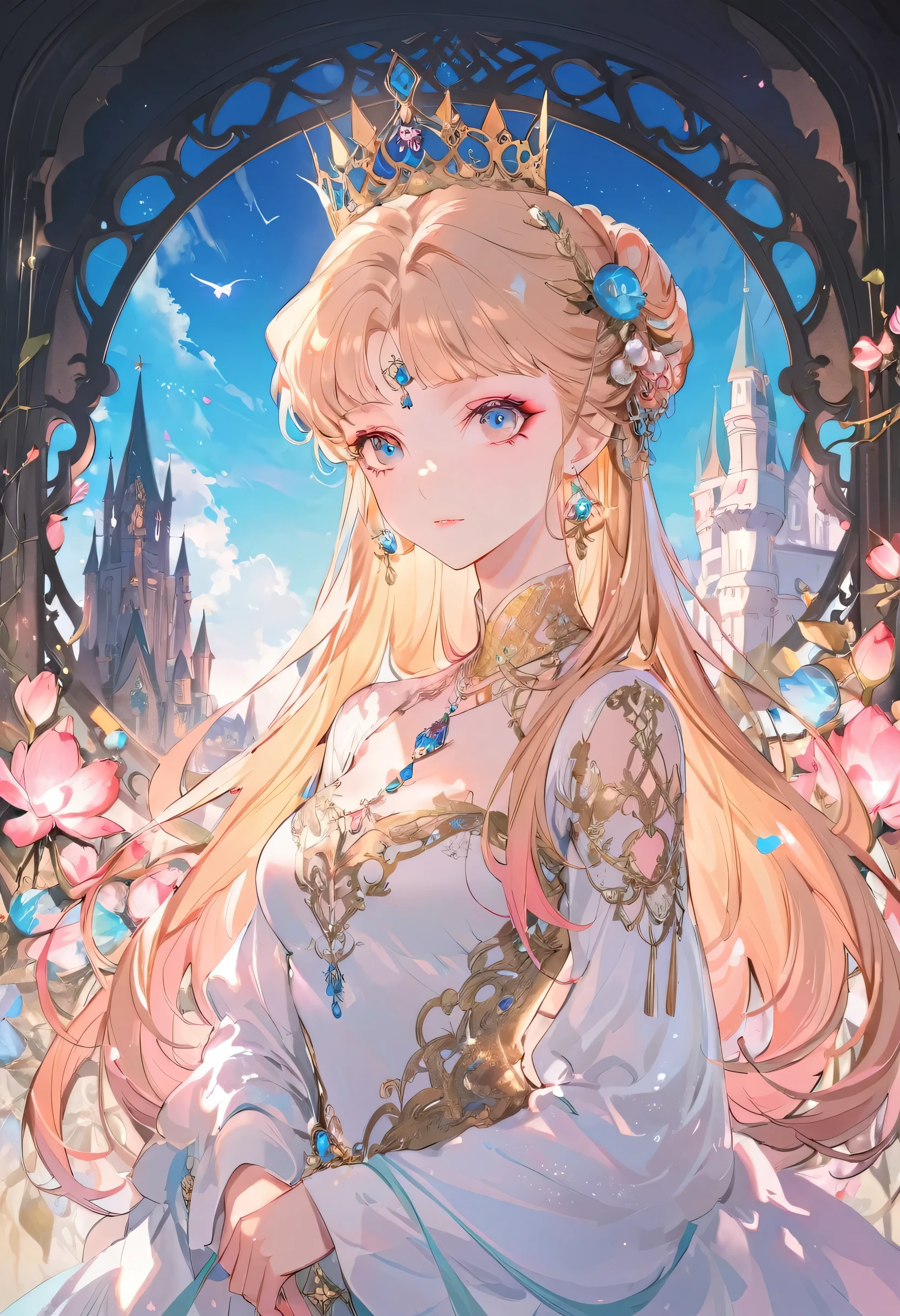 Exquisite makeup,fantasy, 19th century, Queen, Miss, Delicate face, Light brown long hair, blue eyes, Wearing a white strapless royal gown, golden pattern on fabric, Crystal jewelry, There is a scarlet ribbon on the shoulder,It has the emblem of the monarch on it, Gothic castle made of white stones on the background, Light, sky, HD
