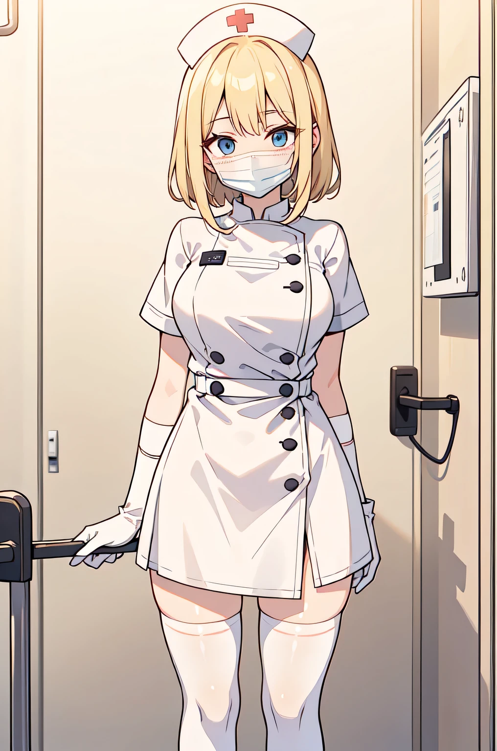1woman, solo, nurse, white nurse cap, white nurse uniform, ((white legwear, zettai ryouiki)), white gloves, blonde hair, blue eyes, ((white surgical mask, covered nose)), standing, ((hospital room)), sharp outline, short sleeves, mature female, 35 years old, best quality, masterpiece