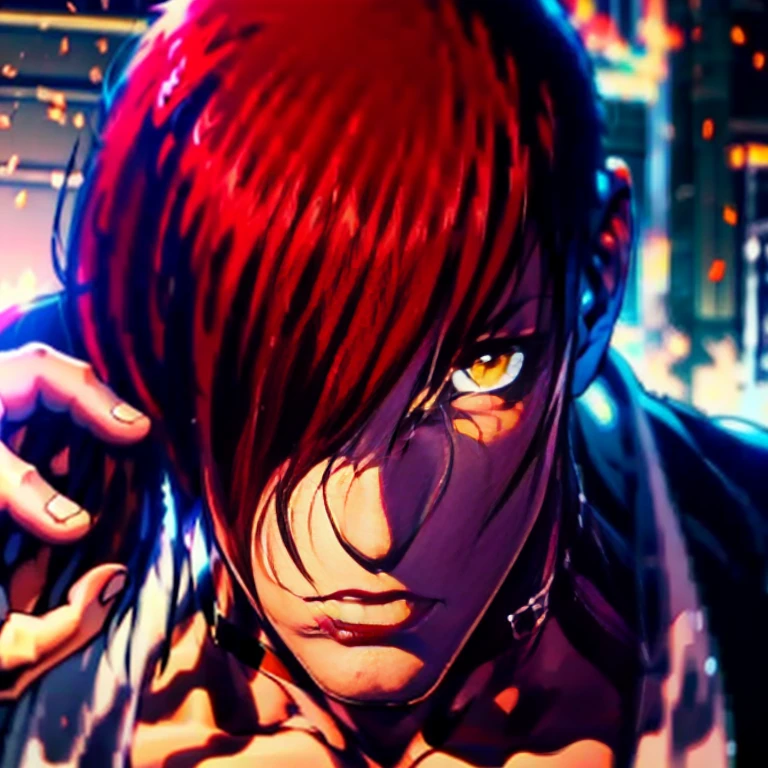 One hand is held like a cat、(Perfect details,masterpiece, Good details),(良い照明 Perfect details, Perfect eye details, Perfect anatomy details,(Iori Yagami, King of Fighters,), Iori Yagami, KOF,(original design:Yagami-an,),A perfect move with no mistakes, エラーのないPerfect details, Excellent anatomical details, Redhead,Sharp Eye