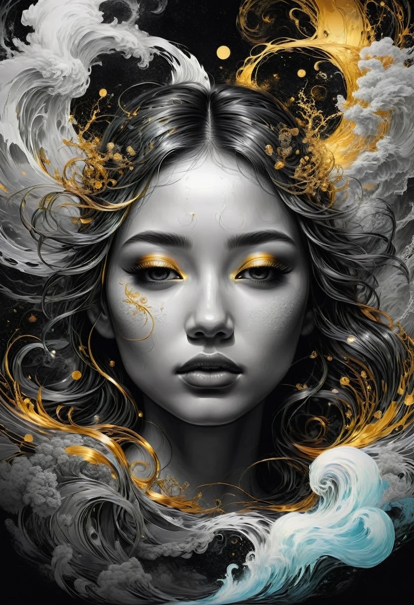 best quality, ultra-detailed, black and white, monochrome, contrasting shades, high contrast, grayscale, aesthetic, Yin yang made of glowing liquid wind, stormy clouds and golden strings, hyperdetailed hyperintricate, made of wind and golden Air by Anna Dittmann, in style by Dan Mumford, Cyril Rolando and M.W Kaluta, 8k resolution