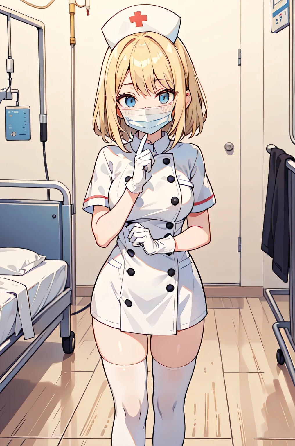 1woman, solo, nurse, white nurse cap, white nurse uniform, ((white legwear, zettai ryouiki)), white gloves, blonde hair, blue eyes, ((white surgical mask, covered nose)), standing, ((hospital room)), sharp outline, short sleeves, mature female, 35 years old, best quality, masterpiece