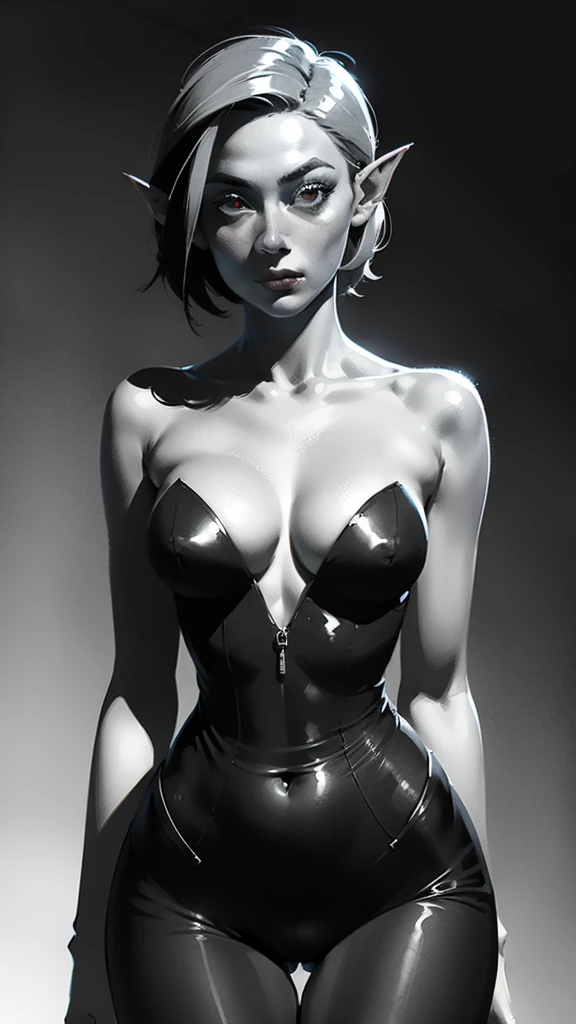 A line sketch portrait of a young woman, pixie hair, pointy elf ears, b&g, slit sharp narrow almond eyes, eyeliner, expressive surprised expression on her face, cartoon features, no shadows:1.5, drawing texture, high resolution HD, monochrome, messy lines, tiny breasts, narrow thin waist, curvy sexy hips
