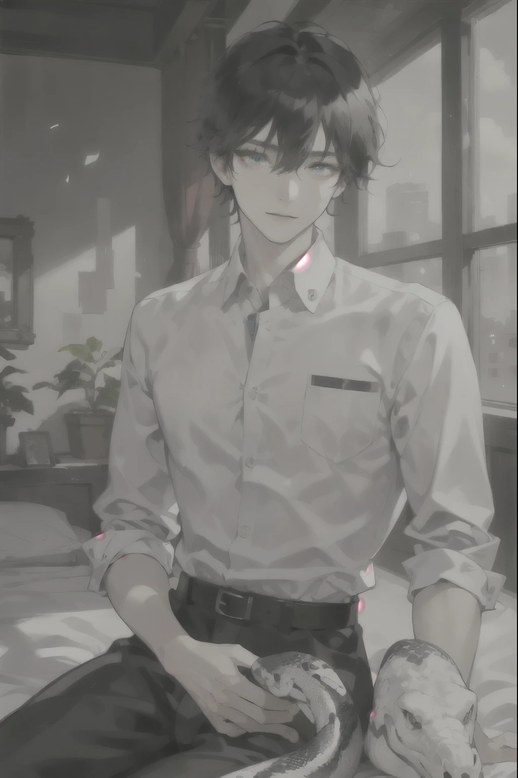 masterpiece, best quality, ultra detailed, (solo man), (male focus), ((Oblong face)), ((Square jawline)), black hair, ((hairs between eyes)), ((shoulder length)), ((narrow blue eye)), fair skin, skinny body, beauty mark, {uniform, outfit, clothes}, dress shirt, (Giving an insincere smile:0.7), (Enjoying interaction with a big albino snake), sitting on bed, Fastening a seatbelt
