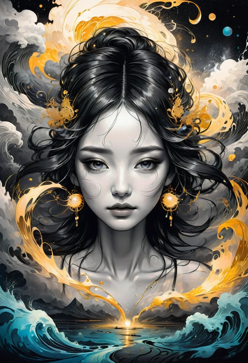 best quality, ultra-detailed, black and white, monochrome, contrasting shades, high contrast, grayscale, aesthetic, Yin yang made of glowing liquid wind, stormy clouds and golden strings, hyperdetailed hyperintricate, made of wind and golden Air by Anna Dittmann, in style by Dan Mumford, Cyril Rolando and M.W Kaluta, 8k resolution
