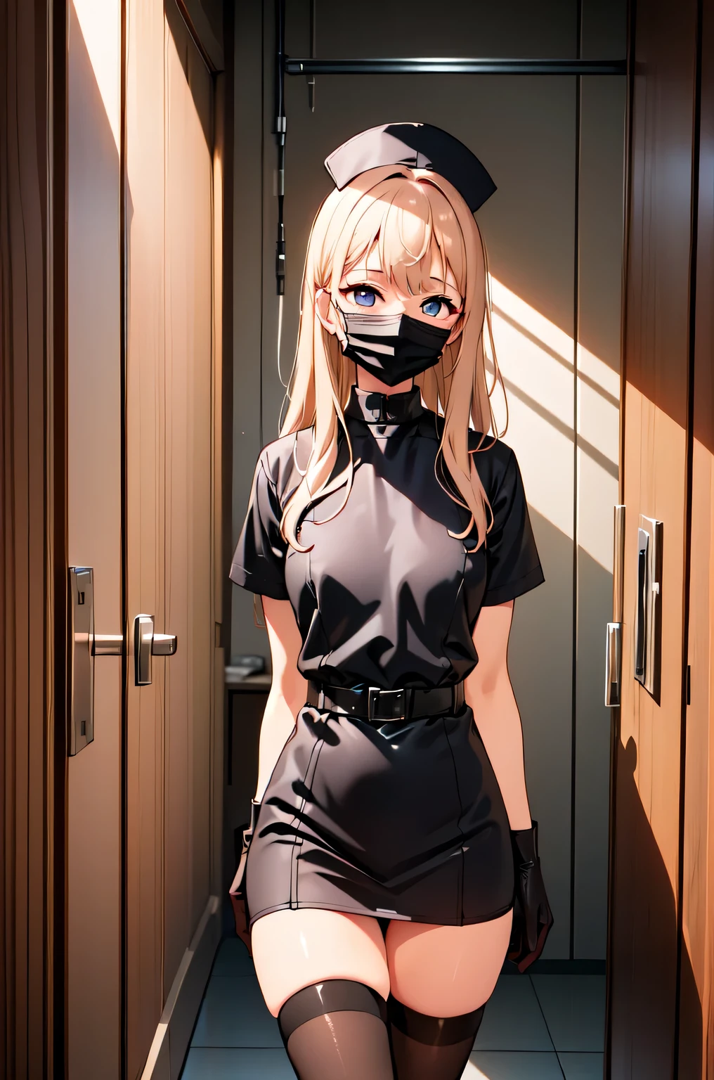 black nurse, 1woman, solo, black nurse cap, black nurse uniform, ((black legwear, zettai ryouiki)), black elbow gloves, blonde hair, blue eyes, ((black surgical mask, covered nose)), standing, ((surgery room)), sharp outline, short sleeves, mature female, 35 years old, best quality, masterpiece