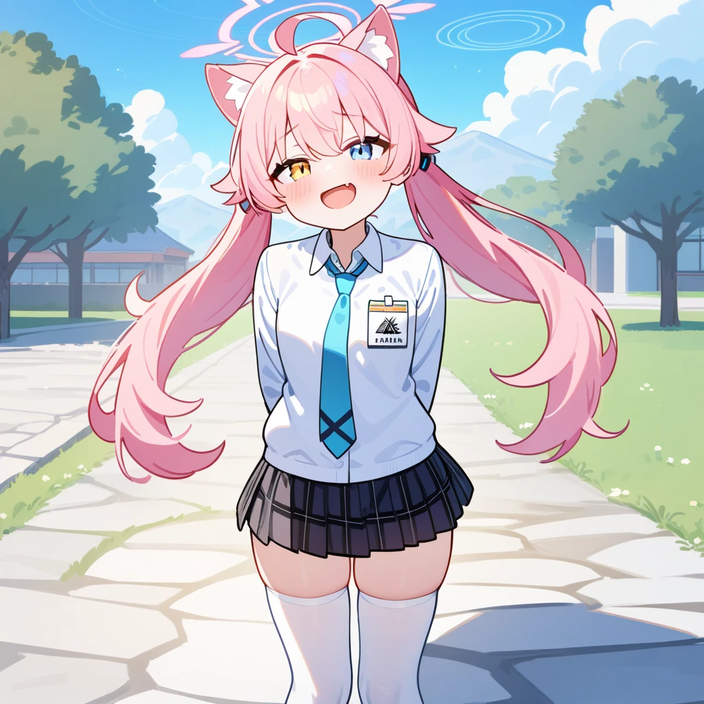 （masterpiece：1.2，high quality），8K，High resolution，A -year-olrl，cugirl，Takanashi Hoshino（Blue Archive），pink hair，long hair，twintails，cat ears，（yellow and light blue eyes），heterochromia，（（laughing，fang out））， ahoge，halo，Stand on the stone path，White shirt，Blue tie，Short skirt，white stockings：1.6，High School Studenth，alone，((Hands behind your back))