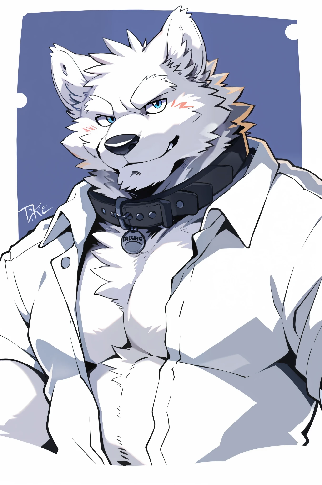 snow wolf, (all white fur:1.5), solo, Perfect sky blue eyes, Collar, Wearing a white shirt, Exposing the chest(Unbutton), (artist:Takemoto Arashi), Look at the audience, Mature face, elder, Simple background, naughty face, glint, skin fang, longeyelashes, naughty face, fang out, from side, Tonalism, tachi-e, best quality, UHD, super detail, high details