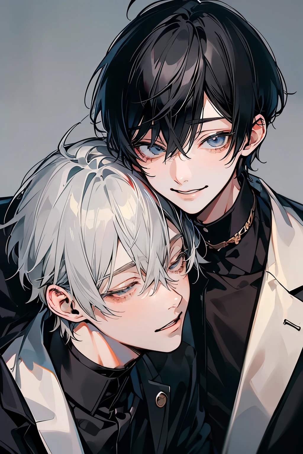 (Mastepiece), (Best Quality), Very detailed, ((Two friendly men:1.5)), Perfect Face, Beautiful Face, Very detailedな顔,(Black-haired man:1.3),(Grey-haired man:1.3)、(Close ~ eyes_Laugh together:1.4)